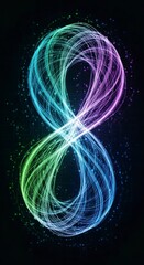 Abstract Infinity Loop in Green Purple Blue and White on Dark Background with Glowing Particles