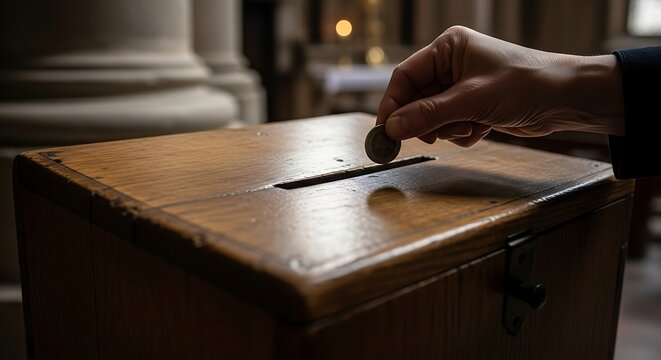 Hand Donating Coin to Wooden Charity Box in Church