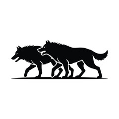 Fototapeta premium Two wolves walking black and white illustration wildlife predator canine animal silhouette vector art