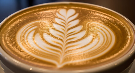 Latte art displaying a beautiful leaf pattern in a ceramic cup ready to be enjoyed at a cafe