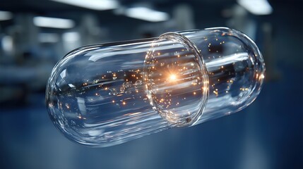 Futuristic translucent capsule floating against a blue medical backdrop with light refraction.