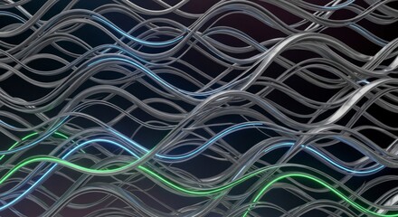 Abstract Metallic Wavy Lines with Green and Blue Illuminated Accents Against Dark Background