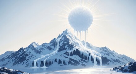 Abstract Mountain Landscape With Snow And Ice Featuring A Surreal Celestial Sphere In A Cold Environment