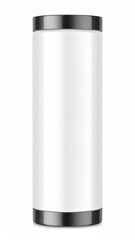Tall White Cylindrical Container with Gray Lid and Base on White Backdrop