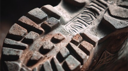 Footwear Tread Marks : Extreme close-up of worn sole, highlighting rugged tread patterns which suggest exploration and outdoor experience. capturing the history of a journey.
