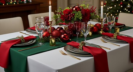 Red and green holiday table setting