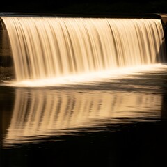 Water cascade reflecting soft sunset illumination on river surface