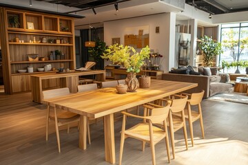 Natural wood furniture in minimalist dining room. Scandinavian style home interior design of modern living room, Generative AI