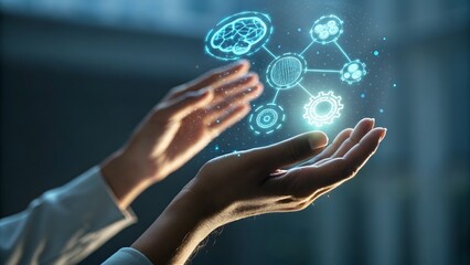 Close Up of Human Hand Holding Floating Transparent AI Hologram Icons for Futuristic Technology Concept