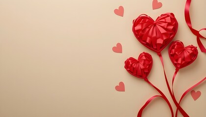 Elegant Red Ribbon Hearts on Beige Background with Text Space for Valentine’s Day Celebration