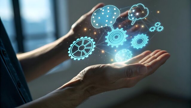 Close Up of Human Hand Holding Floating Transparent AI Hologram Icons for Futuristic Technology Concept