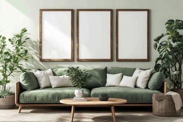 Cozy green sofa and wooden furniture against light green wall with poster frames. Scandinavian home interior design of modern living room, Generative AI