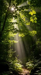 Fototapeta premium Sunlight Filtering Through Lush Forest Path.
