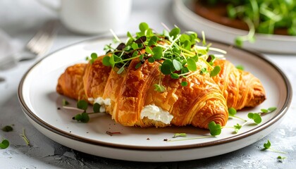 Croissant with cream cheese and microgreens on plate with food photography.