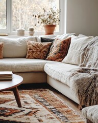Accent ellipse coffee table near fabric corner sofa. Boho ethnic home interior design of modern living room, Generative AI