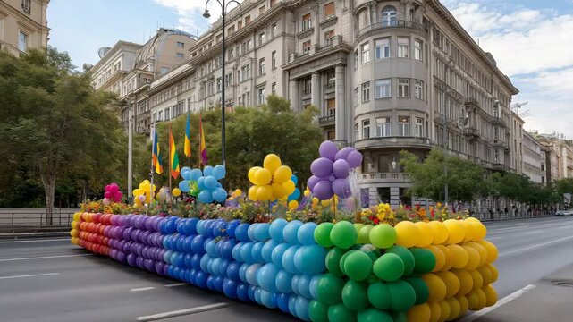 A parade float made of balloons is on the street. Pride parade float decorated with rainbow colors and balloons moving along Budapest city street, bright vibrant documentary