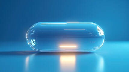 Futuristic translucent capsule floating against a blue medical backdrop with light refraction.