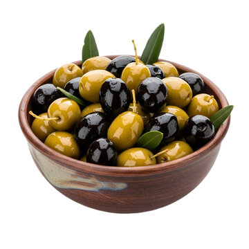 A rustic ceramic bowl filled with a mix of ripe black and green olives, garnished with fresh olive leaves.