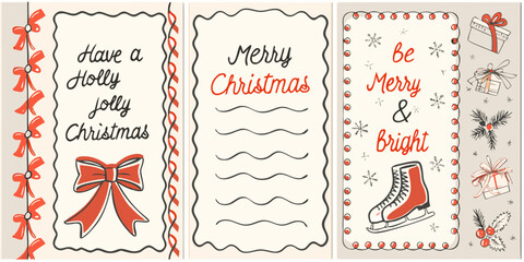 Vintage style christmas greeting cards with festive decorations and holiday wishes