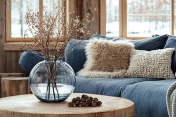 Glass vase with twig on round wooden coffee table near cozy blue sofa with fur blanket and knitted pillows. Scandinavian hygge home interior design of modern living room, Generative AI