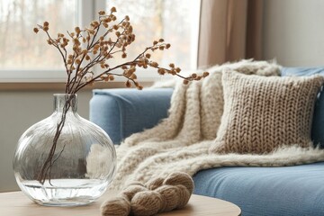 Glass vase with twig on round wooden coffee table near cozy blue sofa with fur blanket and knitted pillows. Scandinavian hygge home interior design of modern living room, Generative AI