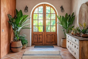 Rustic console table near arched doorway. Mediterranean interior design of modern entrance hall, Generative AI