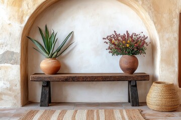Rustic console table near arched doorway. Mediterranean interior design of modern entrance hall, Generative AI