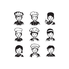 Set of cute cartoon chef face icons with various expressions, flat vector illustration style. Suitable for culinary designs, restaurant logos, menus, cooking apps, and food promotional materials.