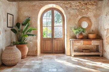 Rustic console table near arched doorway. Mediterranean interior design of modern entrance hall, Generative AI