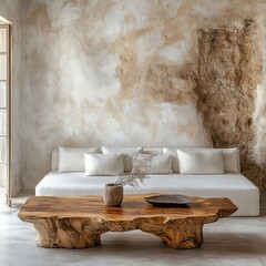 White sofa and wood live edge stamp coffee table against stucco wall. Minimalist rustic interior design of modern living room, Generative AI