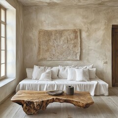 White sofa and wood live edge stamp coffee table against stucco wall. Minimalist rustic interior design of modern living room, Generative AI