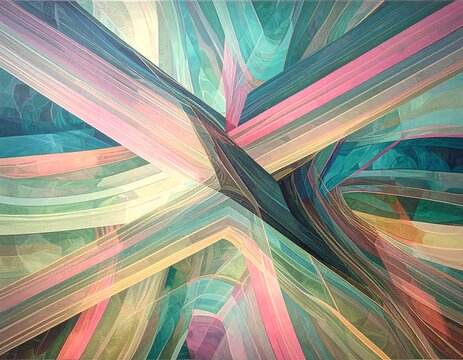 Abstract digital art with vibrant, translucent lines and shapes intersecting in a dynamic pattern