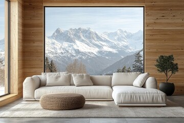 Corner sofa in room with wooden lining paneling wall and ceiling. Minimalist home interior design of modern living room in chalet, panoramic window with great winter snow mountain, Generative AI
