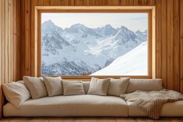 Corner sofa in room with wooden lining paneling wall and ceiling. Minimalist home interior design of modern living room in chalet, panoramic window with great winter snow mountain, Generative AI