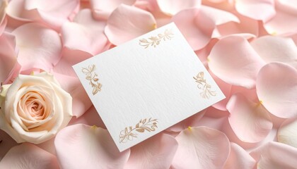 Blank card on pink rose petals with romantic floral background.