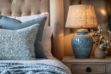Close up of blue ceramic lamp on nightstand near bed with beige fabric headboard and blue pillows and blanket. French country, provence interior design of modern bedroom, Generative AI