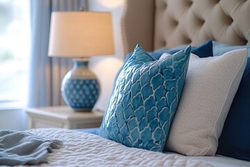 Close up of blue ceramic lamp on nightstand near bed with beige fabric headboard and blue pillows and blanket. French country, provence interior design of modern bedroom, Generative AI