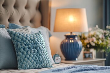 Close up of blue ceramic lamp on nightstand near bed with beige fabric headboard and blue pillows and blanket. French country, provence interior design of modern bedroom, Generative AI