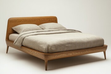 Wood bed with beige bedding. Scandinavian interior design of modern bedroom, Generative AI