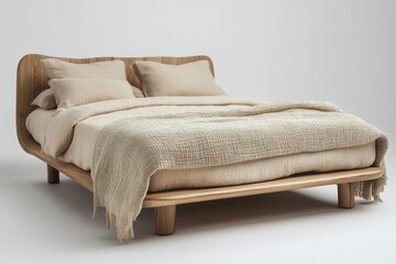 Wood bed with beige bedding. Scandinavian interior design of modern bedroom, Generative AI