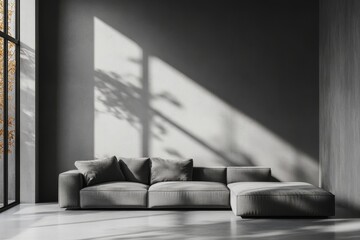 Grey corner sofa against concrete wall with copy space. Minimalist home interior design of modern living room, Generative AI