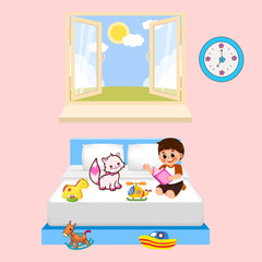 Happy Child Reading with Cat and Toys in Bright Kids Room | Cute Cartoon Illustration