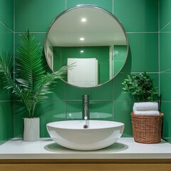 White counter with ceramic vessel and chrome faucet, round mirror on green wall. Interior design of modern bathroom, Generative AI