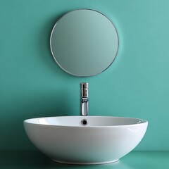 White counter with ceramic vessel and chrome faucet, round mirror on green wall. Interior design of modern bathroom, Generative AI