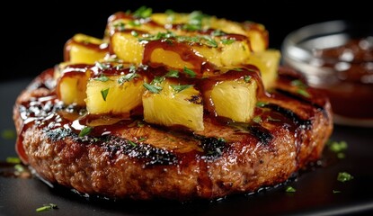Grilled patty topped with pineapple chunks and glaze