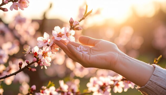 Hand Touching Pink Cherry Blossom Branch at Sunset.