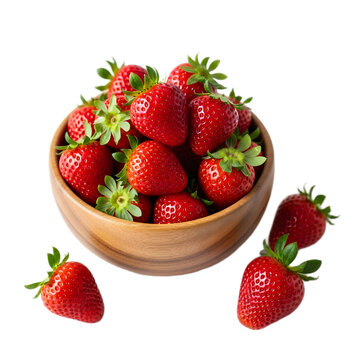 A wooden bowl overflowing with fresh, ripe strawberries, showcasing their vibrant red color and green leaves.