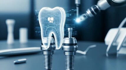 Image is a high-tech, digital illustration focusing on dental technology. It features a stylized, semi-transparent tooth model with a digital grid overlay, suggesting a futuristic or virtual design. T - Powered by Adobe