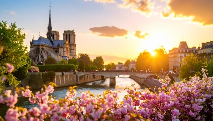 Notre Dame Cathedral Paris at Sunset with Spring Blossoms.