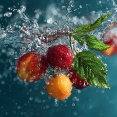 summer fruits and leaves in splashing clear water